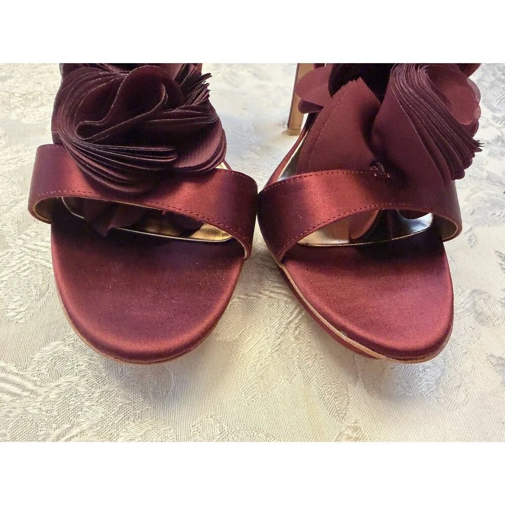 Badgley Mischka Heels Womens Randee Ruffle Flower Ankle Strap Satin Dark Red 10M
